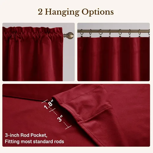 Vista 4 de StangH - Cortinas de terciopelo supersuaves para dormitorio (2 paneles, diseño de bolsillo para barra), Rojo