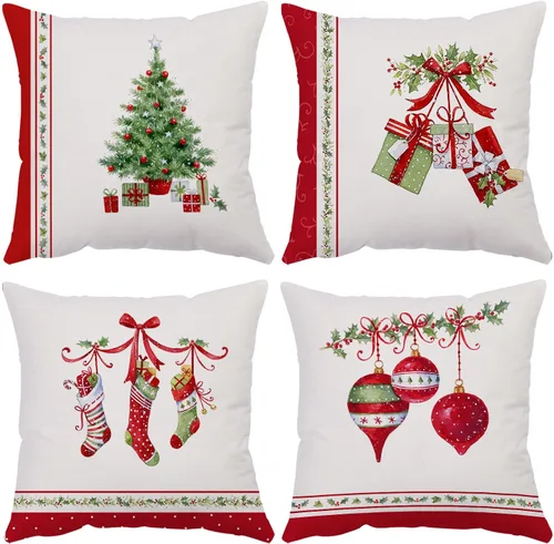 Vista 19 de Juego de 4 fundas de almohada de Navidad de 12 x 12 pulgadas, fundas de almohada de terciopelo de Navidad, fundas de almohada doradas y rojas