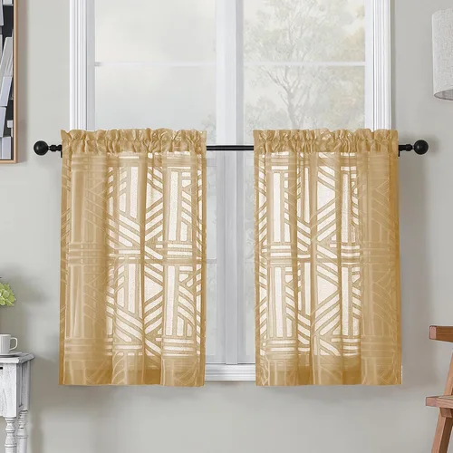 Vista 56 de Simplebrand Cortinas traslúcidas negras de cocina de 24 pulgadas de largo, 2 paneles, filtrado de luz, geométrico jacquard con textura, cortinas