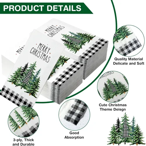 Vista 3 de 100 Piezas Servilletas de Navidad a Granel Navideñas Toallas de Mano de Papel Desechables para Invitados Servilletas de Cóctel con Árbol de Navidad