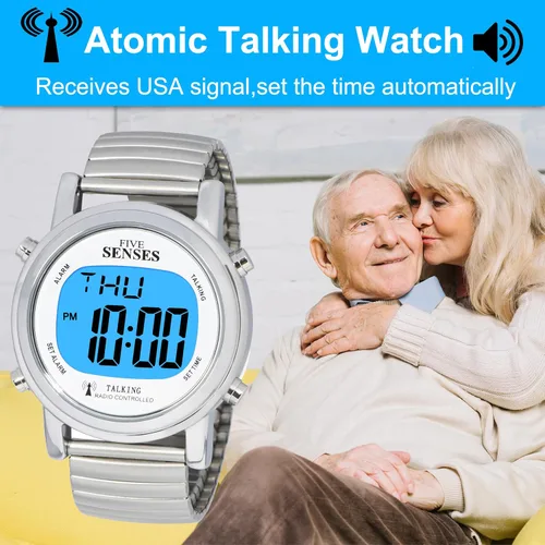 Vista 8 de Reloj parlante de cinco sentidos atómico! - Set Itself Senses - Reloj parlante de metal fácil de leer, Plateado, Casual