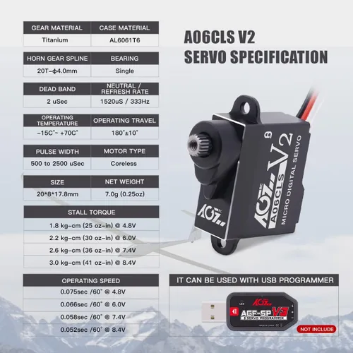 Vista 2 de AGFRC 6.6 lbs HV RC Micro Servo para coches Mini-Z (A06CLS V2 Negro) 6g Ultra-Light, 0.052s High Speed, Programmable, Digital Coreless Motor, Full