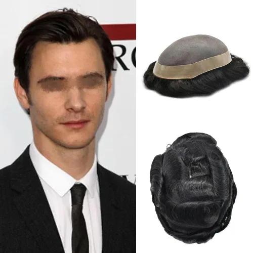 Vista 55 de Toupee de cabello humano fino mono revestido de poliéster para hombre, postizo de monofilamento duradero NPU monofilamento tupé para hombres