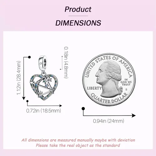 Vista 3 de Colgante de corazón de flecha para pulsera, plata esterlina, flecha, dije de corazón con cuentas, apto para Pandora, Plata esterlina, No es una