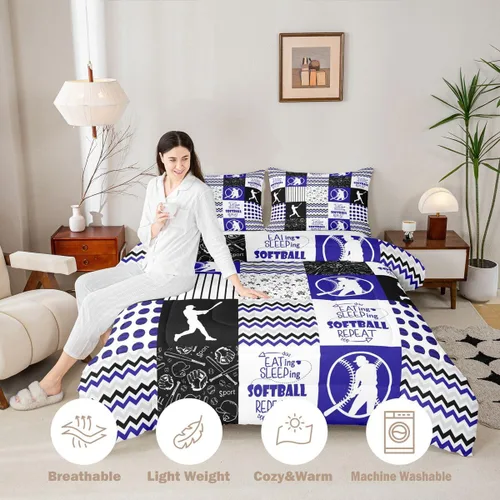 Vista 7 de Erosebridal Softball Comforter Set Patchwork Buffalo Plaid Twin Bedding Sets for Girls Kids Teens Child Galaxy Stars Ball Game Baseball Comforter