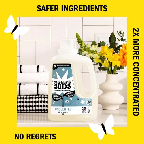 Vista 3 de Detergente líquido para ropa Molly's Suds Jabón detergente limpio para ropa para pieles sensibles 2x concentrado, alta eficiencia (HE) Sin