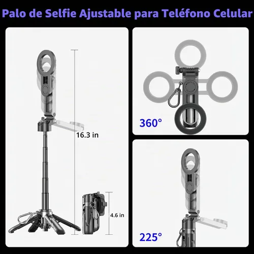 Vista 2 de Soporte de trípode Magsafe para iPhone, portátil de tamaño de bolsillo para selfie con control remoto recargable y anillo de metal, trípode