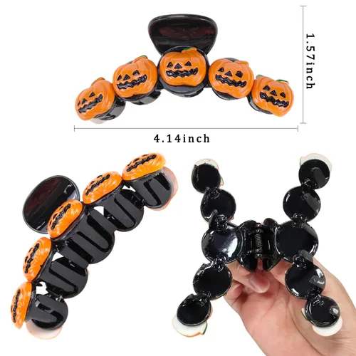 Vista 4 de Pinzas para el pelo de calabaza de Halloween, bonito diseño para cabello grueso, accesorios antideslizantes para mujeres y niñas