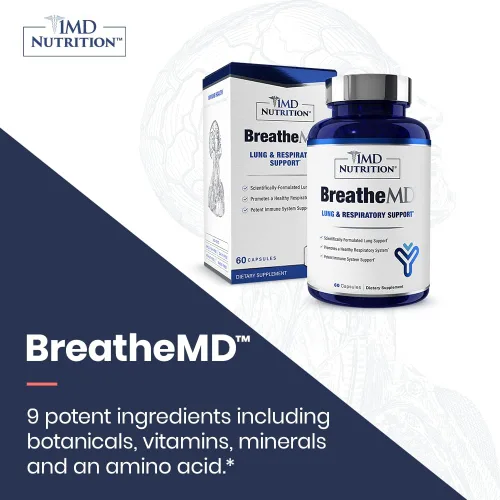 Vista 4 de 1MD Nutrition BreatheMD Suplemento de apoyo pulmonar y respiratorio Promueve un sistema inmunológico saludable con saúco, cromo y NAC 60