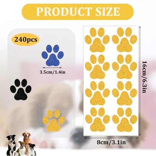 Vista 2 de 30 hojas de 240 tatuajes temporales con purpurina de pata de perro, tatuajes faciales con estampado de patas, tatuajes corporales de pata de perro