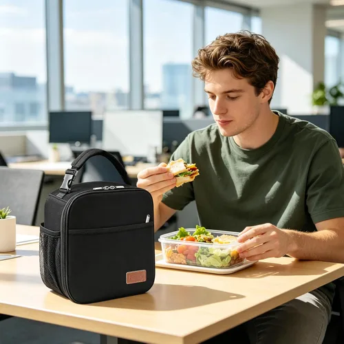 Vista 6 de Femuar Lonchera para hombres, mujeres y adultos, lonchera pequeña para el trabajo, picnic, bolsa de almuerzo reutilizable, bolsa de almuerzo Negro
