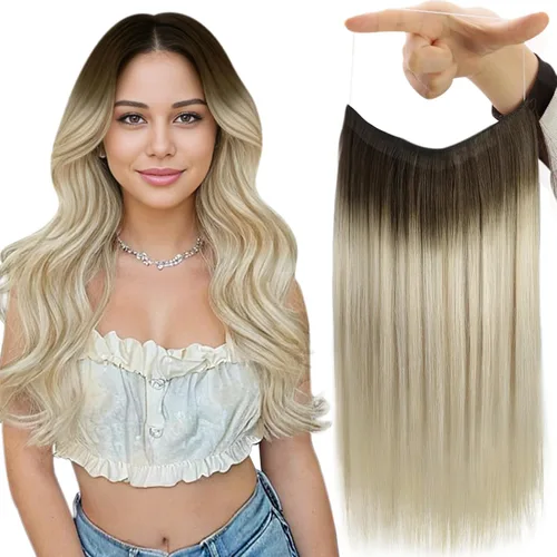 Vista 45 de Fshine - Extensiones de cabello con hilo invisible de 12 pulgadas, color rubio ceniza con reflejos de rubio decolorado, pieza de cabello humano real
