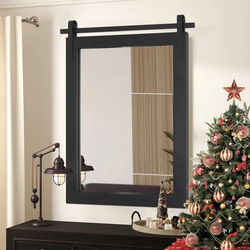 Vista 15 de Espejo Negro de Granja para Pared, Espejos Cuadrados de Baño con Marco de Madera de 18x26 Pulgadas para Tocador, Espejos Estilo Puerta de Granero