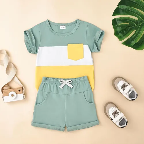 Vista 48 de Ropa para bebé niño pequeño, trajes de verano de manga corta, camiseta de retazos y pantalón con bolsillo, conjunto de 2 piezas, 12 meses a 4 años