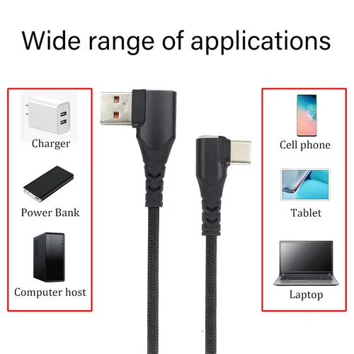 Vista 4 de Cable USB 3.1A a tipo C, paquete de 2 (1.3 pies y 3.3 pies), trenzado de nailon, ángulo recto, carga rápida, sincronización de datos, compatible