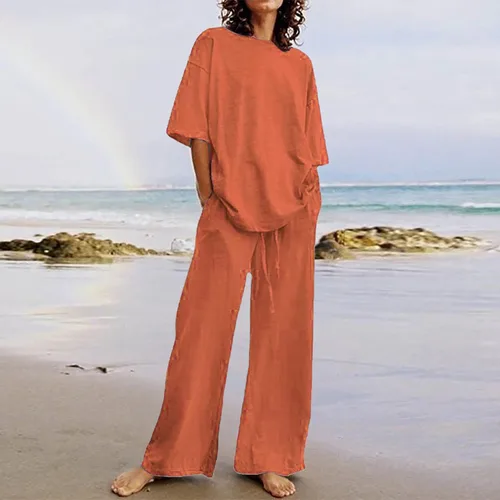 Vista 30 de Conjuntos de verano de 2 piezas para mujer, conjuntos elegantes y casuales de color liso, para verano, otoño, cuello redondo, tops y pantalones