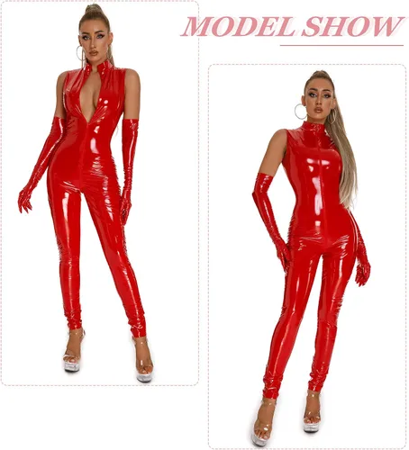 Vista 4 de FEOYA Traje de látex para mujer, de charol metálico, para fiesta, club, ajustado, elástico, de PVC, tallas XS-3XL