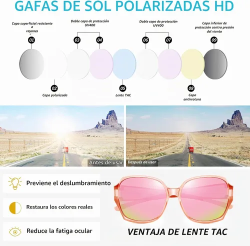 Vista 6 de URUMQI Lentes de sol de gran tamaño que se ajustan sobre gafas para mujer, persianas cuadradas polarizadas con protección UV400, lentes de sol