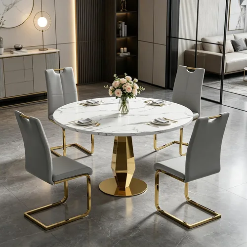 Vista 5 de Henf Mesa de comedor redonda de mármol sintético para 4 a 6 personas, mesa de cocina moderna de oro blanco de 47 pulgadas con base de acero Mesa