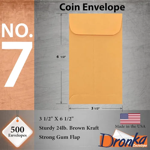 Vista 2 de 500 Dronka sobres, #7 monedas/efectivo sobre piezas pequeñas, 3-1/2 pulgadas x 6-1/2 pulgadas, resistente papel kraft de 24 libras, solapa de goma