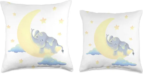 Vista 3 de Almohada de elefante durmiente en la luna con estrellas I para decoración de habitación de guardería