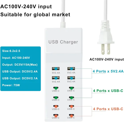Vista 3 de Cargador USB, estación de carga USB de 12 puertos (4 puertos USB-A y 8 puertos USB-C) Estación de carga USB múltiple compatible con iPhone