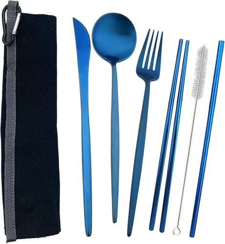 Vista 14 de JASHII Juego de cubiertos de viaje de acero inoxidable, tenedor, cuchara, cuchillo, pajilla, cubiertos reutilizables con estuche, juego de Rosa