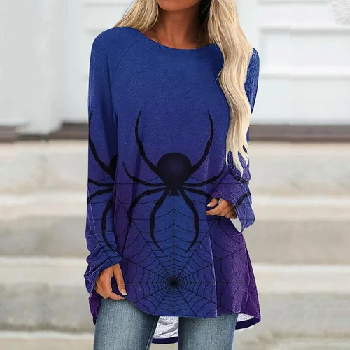 Vista 2 de Huilaibazo Túnica de Halloween para mujer, camisas gráficas de telaraña, blusa de manga larga fluida, túnica de talla grande para leggings