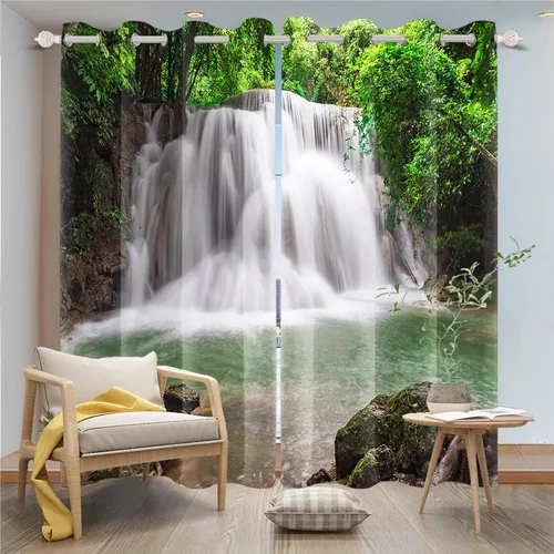 Vista 3 de Renaiss Cortinas opacas con cascada, diseño de bosque profundo, con aislamiento térmico, para dormitorio, árboles, estanques, piedras, para sala