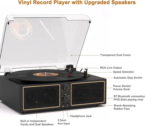 Vista 11 de Tocadiscos de vinilo Bluetooth, reproductor LP de 3 velocidades con altavoces, reproductor de discos retro para discos de vinilo, salida RCA AUX