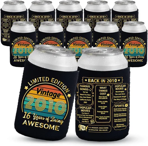 Vista 17 de Decoraciones de cumpleaños número 13, suministros y recuerdos de fiesta, fundas enfriadoras para latas de bebidas, paquete de 12, negro y dorado
