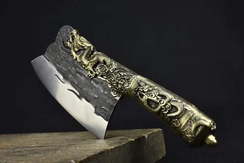 Vista 2 de Cuchillo de carne, cuchillo de chef Longquan de China de 8.5 pulgadas, cuchillo de chef vintage con mango de cobre, cuchillo de carnicero