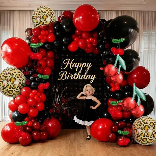 Vista 2 de Kit de arco de globos rojos y negros, guirnalda de globos con estampado de guepardo y cereza para cumpleaños, novia, baby shower, despedida de Negro