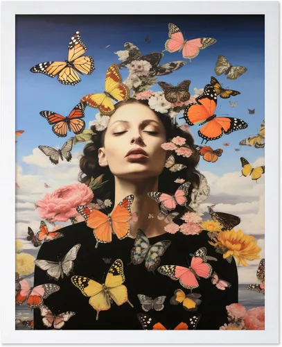 Vista 20 de Poster Master Póster de retrato de mujer, estampado de mariposa retro, arte de collage, arte femenino, arte femenino, arte moderno, arte floral