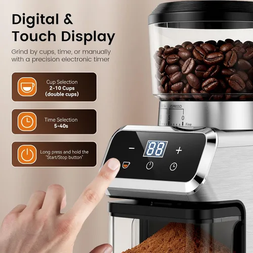 Vista 3 de Molinillo de café eléctrico, molinillo de granos de café Emojoy con 30 ajustes de molienda, molinillo de café con pantalla táctil para uso