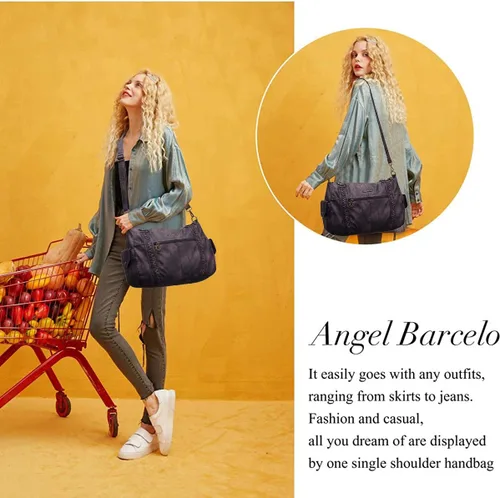 Vista 6 de Angel Barcelo - Bolsa de hombro amplia para mujer, diseño Hobo, cuero lavado