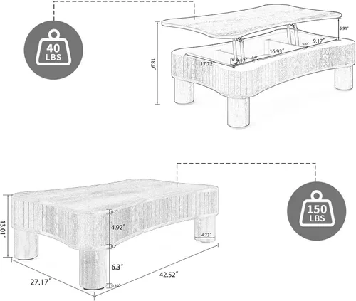 Vista 2 de Mesa central de elevación acanalada de 42 pulgadas, mesa de centro de granja con gran compartimento de almacenamiento oculto, elevación hidráulica