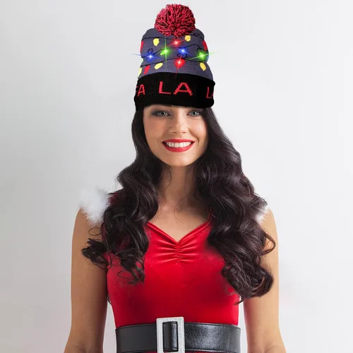 Vista 4 de Windy City Novelties Suéter feo de punto con luz LED, gorro navideño de Navidad, 3 modos intermitentes (FA LA LA), multicolor, Multi colorido