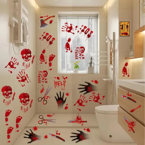 Vista 2 de Decoraciones de Halloween, 8 hojas de huellas de manos sangrientas, calcomanías espeluznantes para ventana, calcomanías de tatuaje, espejo de pared