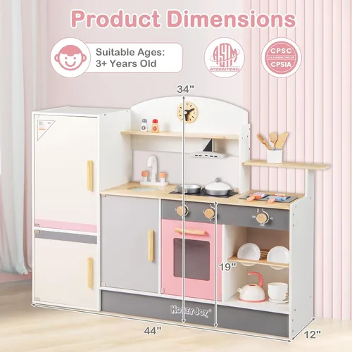 Vista 3 de HONEY JOY Juego de cocina para niños, cocina de madera 3 en 1 para niños pequeños, refrigerador y parrilla de barbacoa, campana extractora, estante