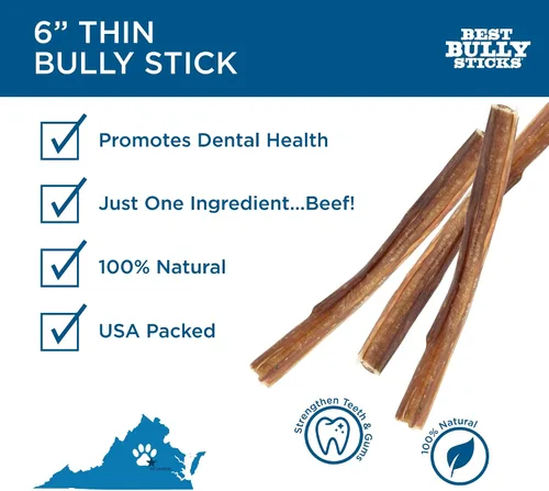 Vista 2 de Best Bully Sticks Palitos finos de 6 pulgadas, 24 unidades (paquete de 1), naturales, fáciles de digeribles, 100% alimentados con pasto, sin granos