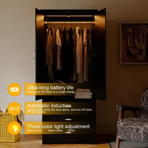Vista 3 de FJTJBSI Armario Armario con 3 cajones y luz LED de 72 pulgadas, armario de madera para dormitorio con 2 puertas y manijas de puerta de cerámica Negro