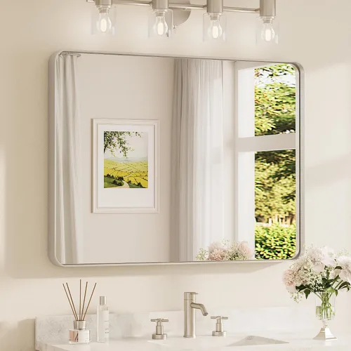 Vista 83 de Espejo de marco dorado cepillado de 16 x 24 pulgadas, espejo de tocador de baño de latón dorado para pared, espejo enmarcado rectangular de esquina