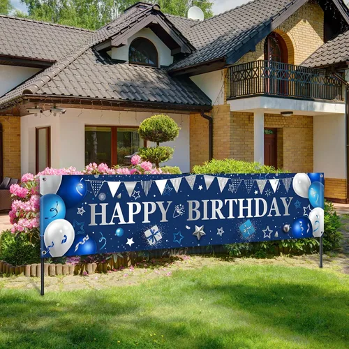 Vista 8 de Cartel de patio para regalos de feliz cumpleaños, pancartas grandes de cumpleaños para decoraciones exteriores, telón de fondo para hombres y Dorado