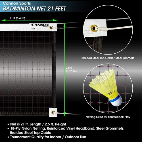 Vista 2 de Cannon Sports Red de bádminton profesional para torneo interior/exterior con cable de acero, 21 pies 2mm Steel Cable, Reinforced 1.5" Headband