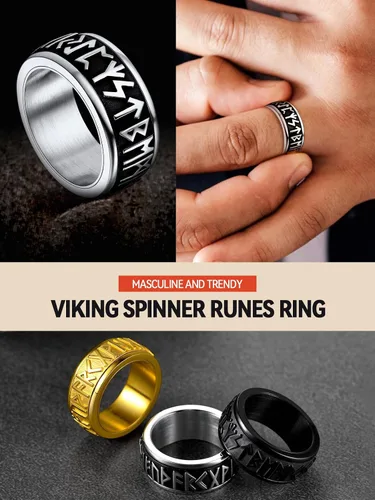 Vista 2 de FaithHeart Anillo giratorio nórdico vikingo con runas de acero inoxidable chapado en oro para hombres y mujeres, puede grabar personalizado