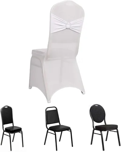 Vista 46 de Efavormart - Funda para silla de banquete de elastano beige con banda de hebilla de diamantes de imitación plateados, funda elástica para silla