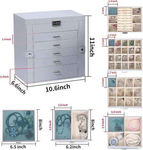 Vista 4 de Joyero para mujer, organizador grande de 6 capas con cerradura y 5 cajones para almacenamiento de joyas, joyero grande para regalo de Navidad