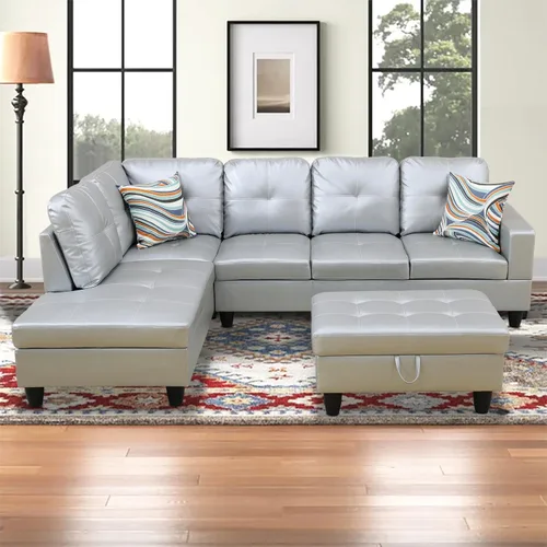 Vista 16 de Sofá modular para sala de estar, sofá seccional de cuero marrón en forma de L con diván y otomano de almacenamiento para sala de estar, B- marrón