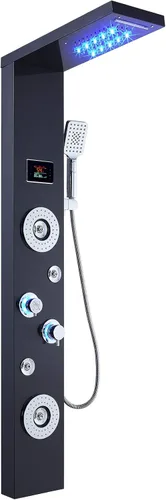 Vista 9 de Sistema de panel de ducha de acero inoxidable tipo torre de Ello&Allo, cabezal de LED, modo cascada o lluvia; sistema de hidromasaje con chorros